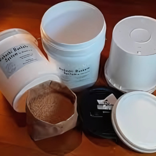 Bokashi Logic Buckets System for home composting, includes perforated bucket, space-saving lid, and Bokashi bran