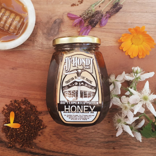 Jar of Bio-Fermented Bee Pollen Honey with golden color, highlighting immune-boosting properties and enhanced bio-availability of active co-enzymes.