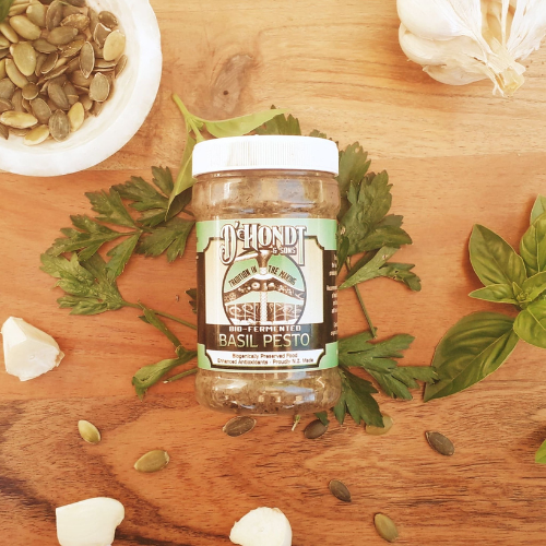 Bio-Fermented Basil Pesto for Digestive Health and Immunity – Organic Ingredients, Turmeric Sea Salt, and Lactobacillus Culture.