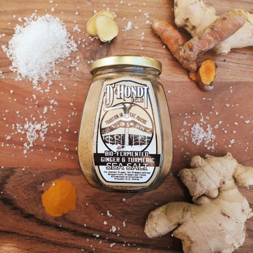 Jar of Bio-Fermented Turmeric & Ginger Sea Salt, offering antioxidant and gastro-protective benefits with bio-fermented turmeric, ginger, and rejuvenating sea salt.