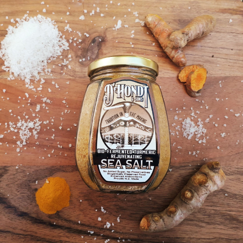 Jar of Bio-Fermented Turmeric Sea Salt, rich in curcumin and rejuvenating sea minerals, perfect for adding flavor and health benefits to your meals.